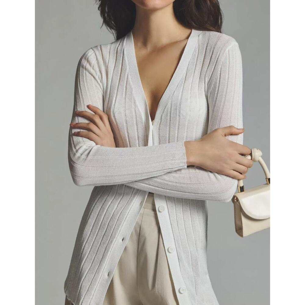 Anthropologie Sophie Rue Slim Ribbed Cardigan Sweater White Viscose Nylon Small